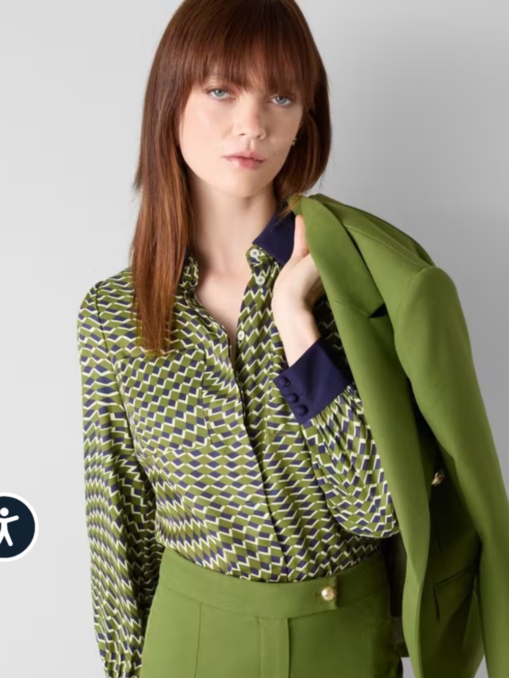 LK Bennett Olive and Navy Geometric Print Blouse